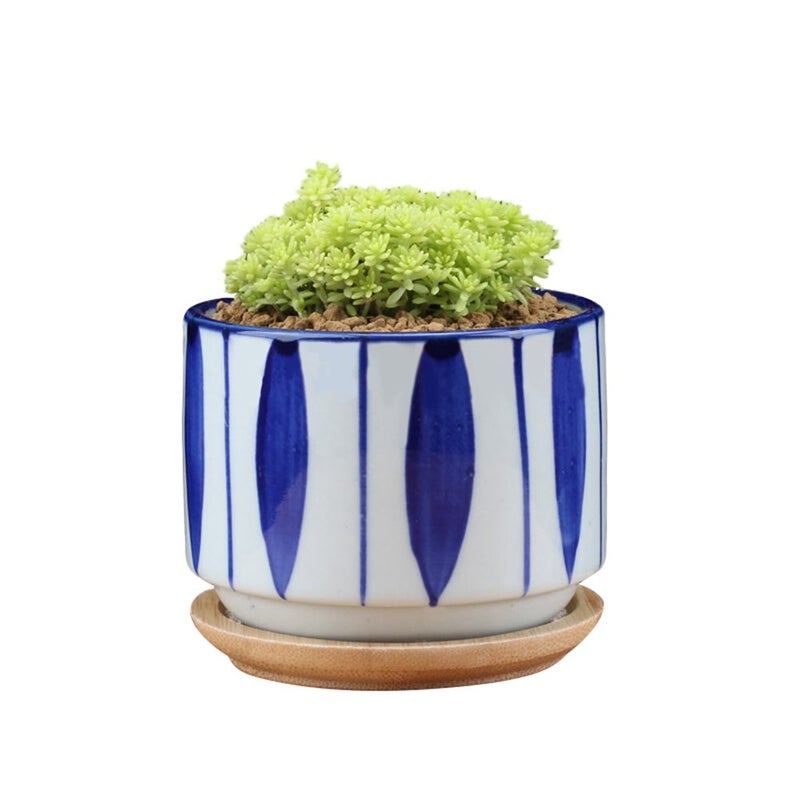 GeLive 3 Inch Ceramic Succulent Planter, Cactus Plant Pot, Flower Container with Bamboo Drip Tray, Indoor Outdoor, Set of 2 (Wave and Blue Flower) - Image 3